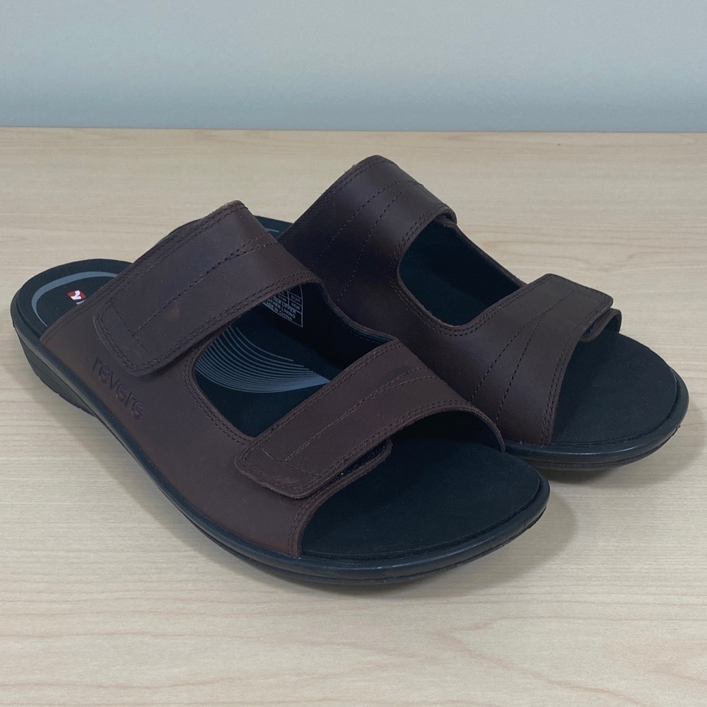 Men's Brown Leather Slide Sandals with Adjustable Straps